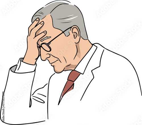 Elderly Doctor In White Coat Holds Head In Frustration With Red Tie