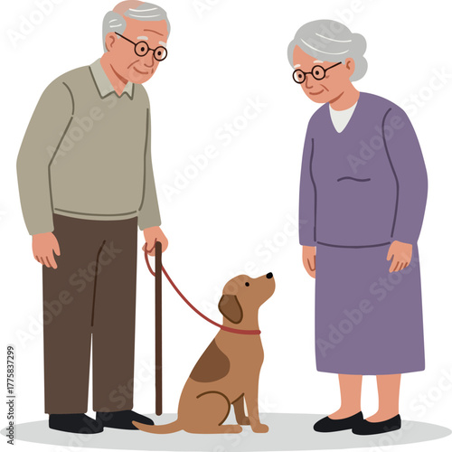 Elderly Couple With Dog Flat Design Isolated Minimalist Illustration