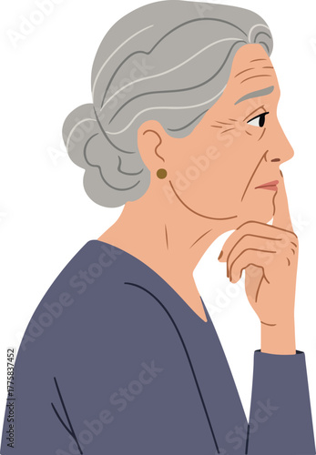 Elderly Woman Thinking Deeply Pensive Pose Purple Top Isolated