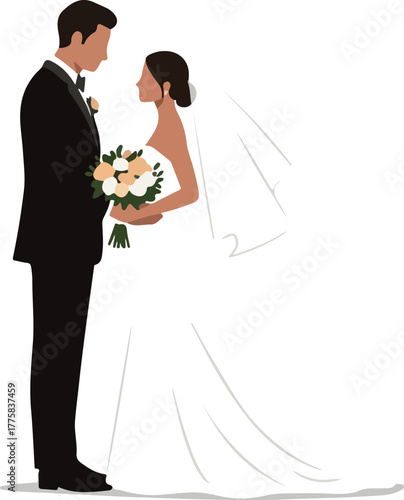Elegant Bride in White Gown and Groom in Tuxedo Holding Bouquet Minimalist Vector
