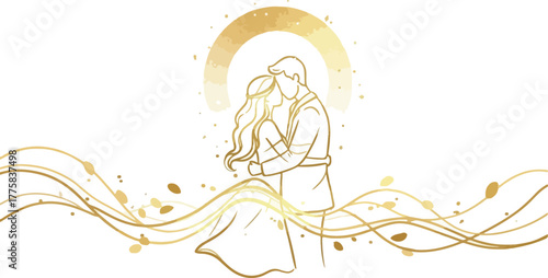 Elegant Couple Embracing Golden Swirls and Arch Light on White