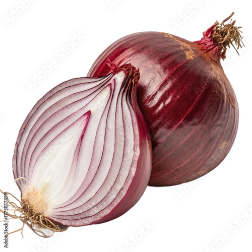 Red onion cut in half, isolated on transparent background