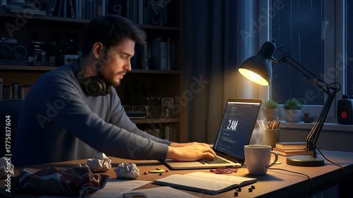 A man works late into the night at his desk, focused on laptop. A mug and book are close.  It is raining outside