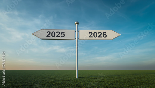 Directional road signs pointing towards 2026 and back to 2025 against clear blue sky, symbolizing transition, choices, future planning, and strategic decision-making.