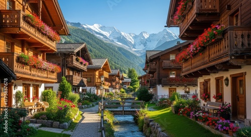 Fototapeta Naklejka Na Ścianę i Meble -  Charming Alpine Village with Wooden Chalets and Mountain Scenery.