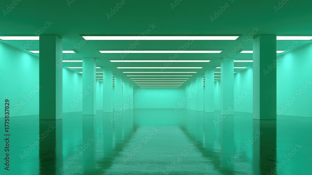 Fototapeta premium Abstract Illuminated Interior Space: Green Hallway with Columns, Reflections and Perspective View