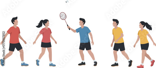 Flat Design Badminton Players Action Scene With Shuttlecock Isolated Vector