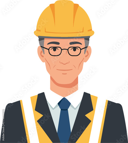 Flat Design Engineer Man Yellow Hard Hat Blue Shirt White Vest