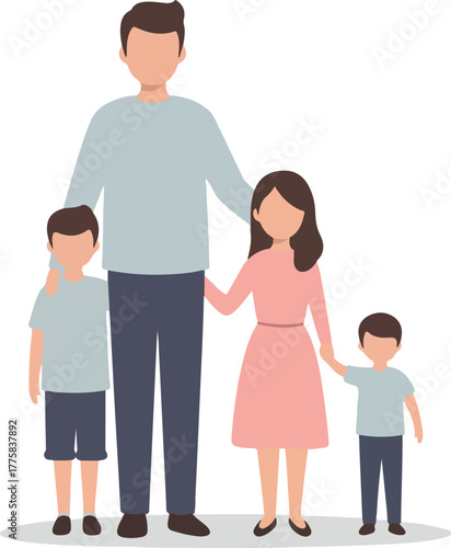 Flat Design Family Of Four Standing Together Wearing Casual Outfits