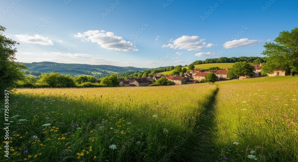Obraz premium Idyllic countryside scene with golden field and distant village.