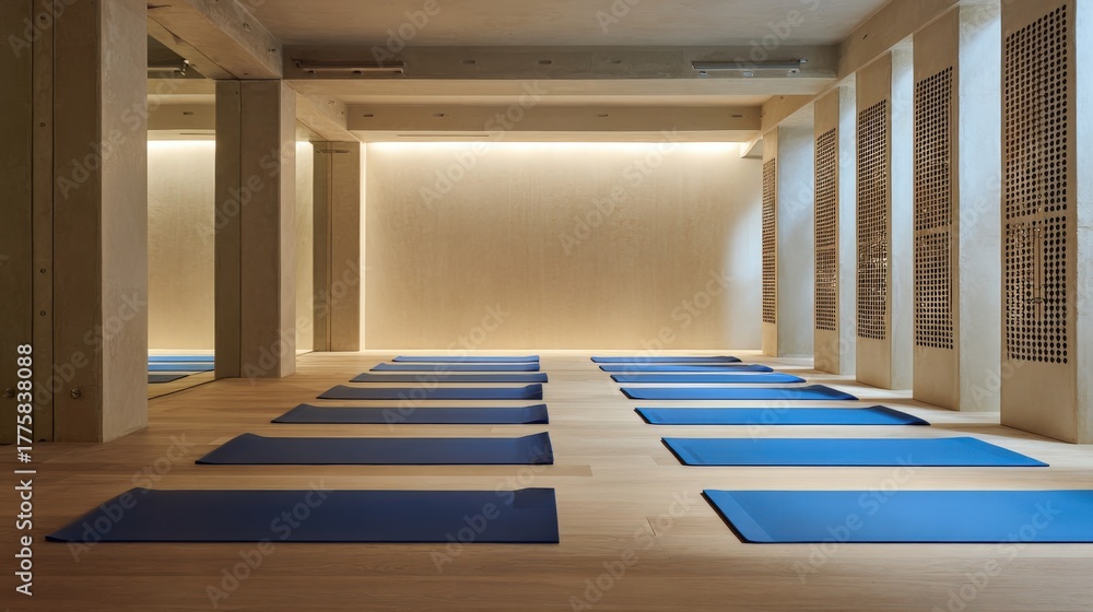 Obraz premium Zen Yoga Studio Interior with Blue Mats Arranged on Wooden Floor for Fitness and Wellbeing