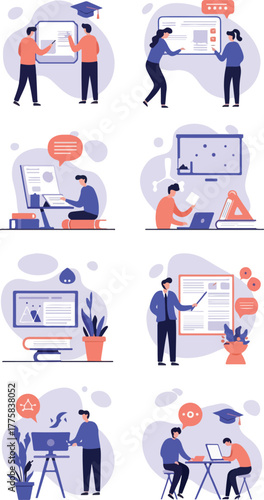 Flat Design Online Learning Icons Blue Orange Figures Presenting Education Topics