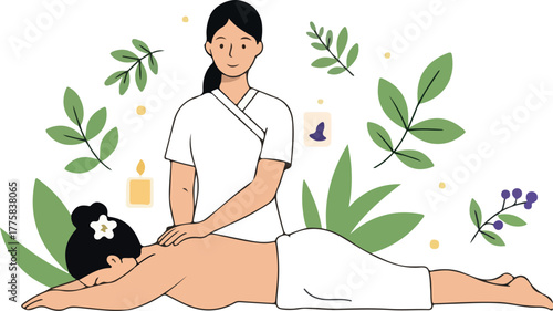 Flat Design Spa Massage With Green Leaves And Candles