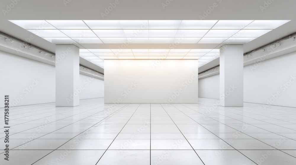 Fototapeta premium Minimalist White Gallery Interior with Columns and Blank Wall Space for Art Display and Exhibition