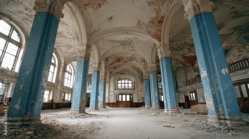 Fototapeta premium Grand Abandoned Hall with Arched Windows and Ornate Columns, showcasing decay and architectural beauty