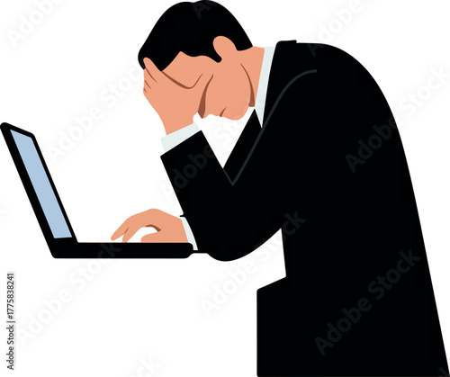 Frustrated Businessman In Suit Holds Head Near Laptop Computer