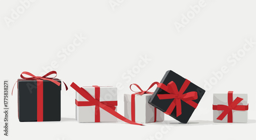 Gift Boxes Red Ribbon Minimalist Illustration White Background Isolated Objects