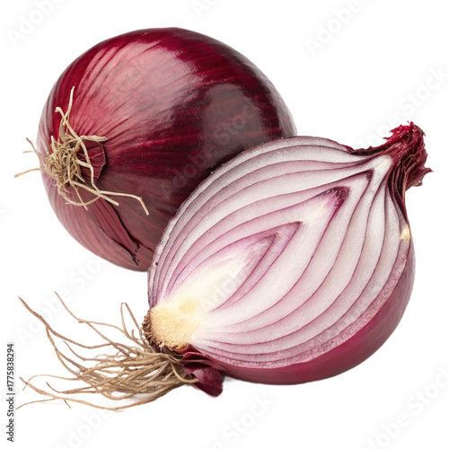 Whole red onion next to a halved red onion, isolated on transparent background