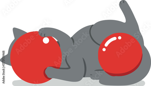 Gray Cat Playing With Two Red Balls On White Background Flat Design