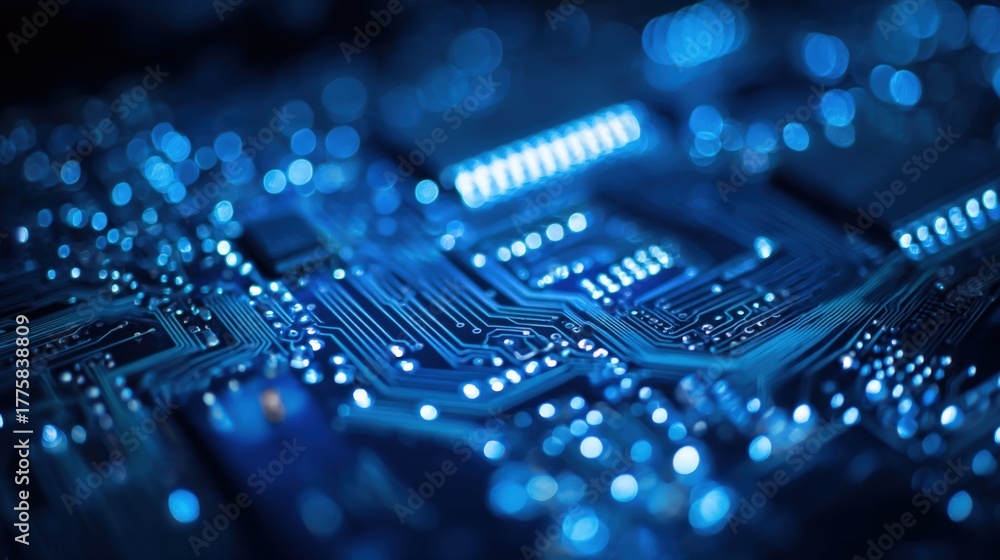 Obraz premium Intricate Blue Circuit Board Close-Up: Modern Technology and Innovation Background Depicting Data Processing and Connectivity
