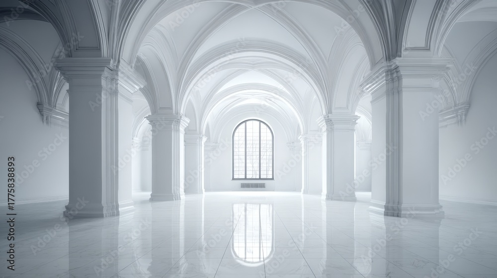 Fototapeta premium Elegant White Hallway with Arched Ceilings and Polished Floor, Architectural Design and Reflected Light