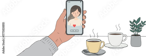 Hand Holding Phone Showing Woman Portrait Near Coffee Cups and Plant
