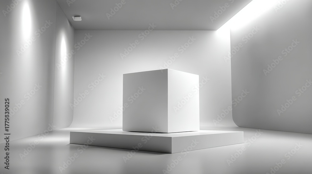 Fototapeta premium Minimalist White Cube Display on Platform for Product Showcase, Modern Studio Background for Presentation
