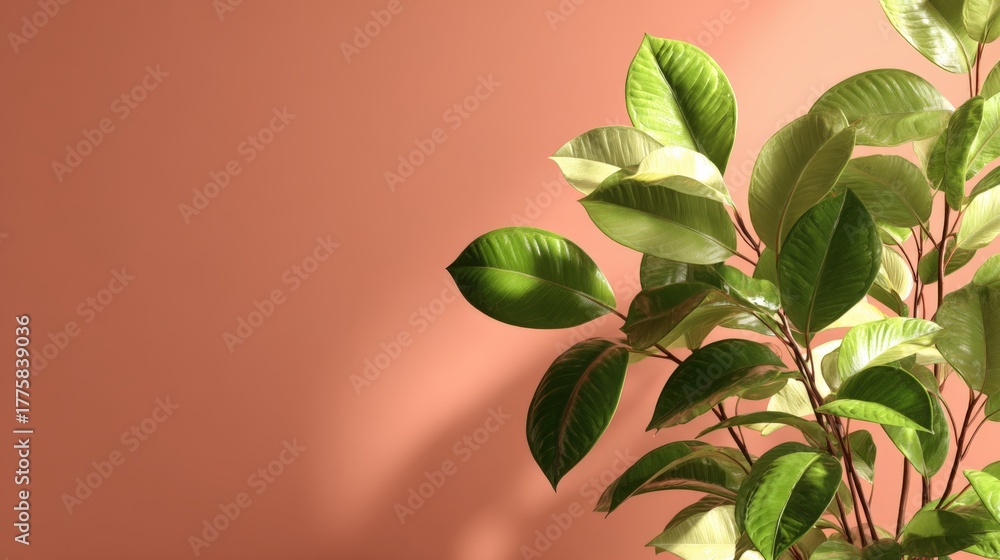 Naklejka premium Ficus Elastica Plant with Variegated Leaves Against Warm Peach Wall, Interior Design and Home Decor Concept