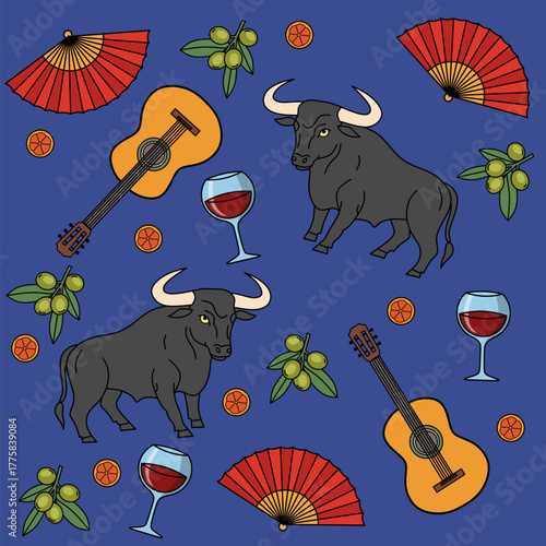 Flat Illustration Spanish Culture Elements with Bull, Guitar, Fan and Wine