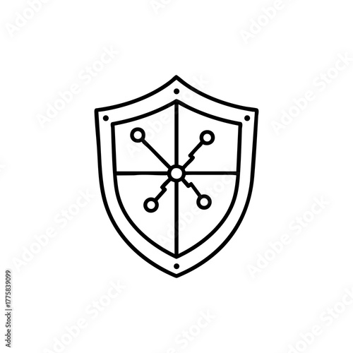 Stylized shield icon with a central node and connecting lines, representing security, protection, and digital network integrity