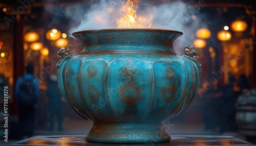 Ornate blue and gold incense burner aflame with rising smoke at temple. It represents faith, devotion, spirituality, and cultural traditions.