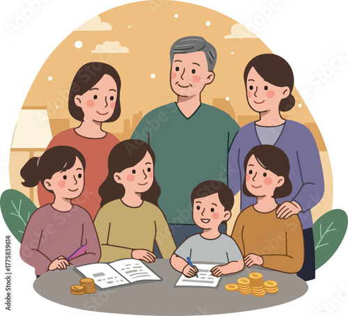Happy Family Studying Financial Literacy Together With Coins Scattered