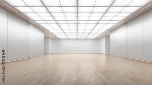 Minimalist Modern Empty Room with White Walls, Light Wood Floor, and Grid Lighting System