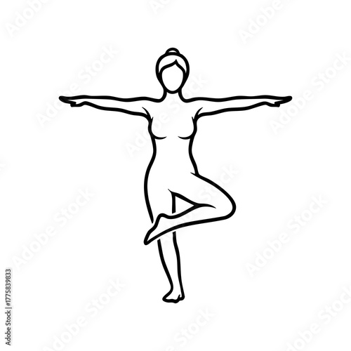 Line art of a woman in tree pose, yoga