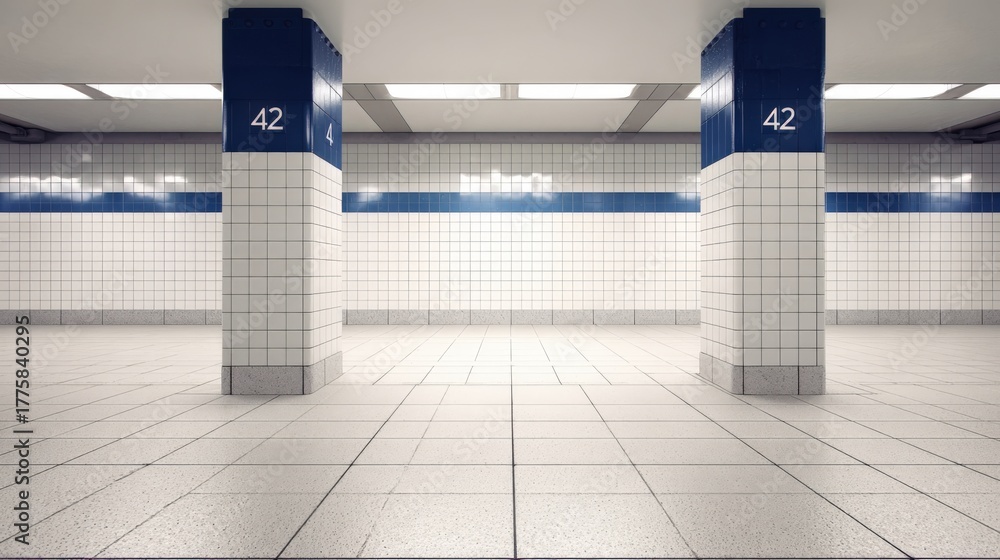 Fototapeta premium Empty Subway Station Platform with Clean Tiled Walls and Flooring, Ideal for Urban Scenes