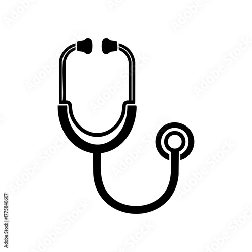 Black and white icon of a stethoscope, a medical instrument used for listening to internal body sounds