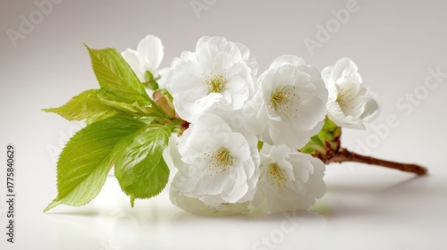 Delicate White Blossom Branch: Floral Beauty, Springtime Bloom, Fresh Green Leaves, and Natural Elegance