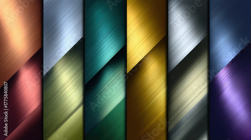 Metallic gradient background with smooth reflective surfaces in copper, silver, teal, gold, and blue shades creating sleek modern design