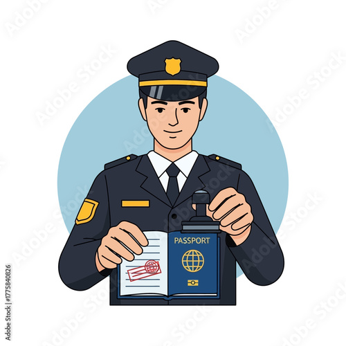 Officer in uniform holds open passports against a light blue circle background.