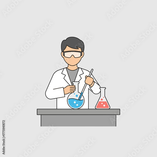 Scientist in lab coat mixing chemicals in beakers on a table.