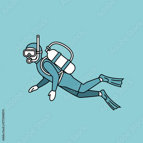 Scuba diver with tank and flippers in water illustration against blue background.