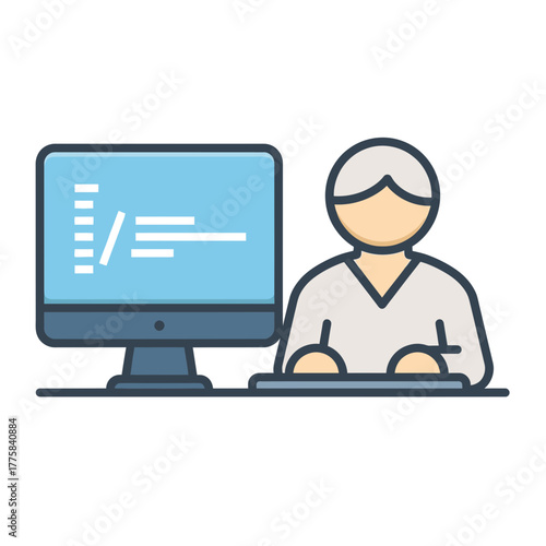 Person sits at computer with code on screen in a flat illustration.
