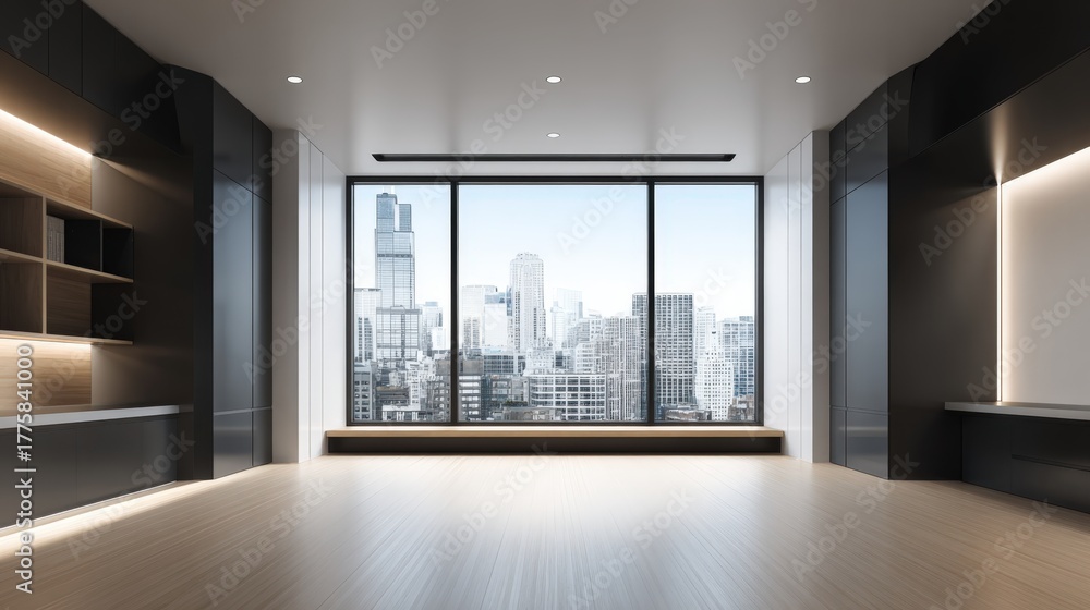 Fototapeta premium Modern Luxury Apartment Interior with Panoramic City View and Hardwood Floors, Featuring Contemporary Design