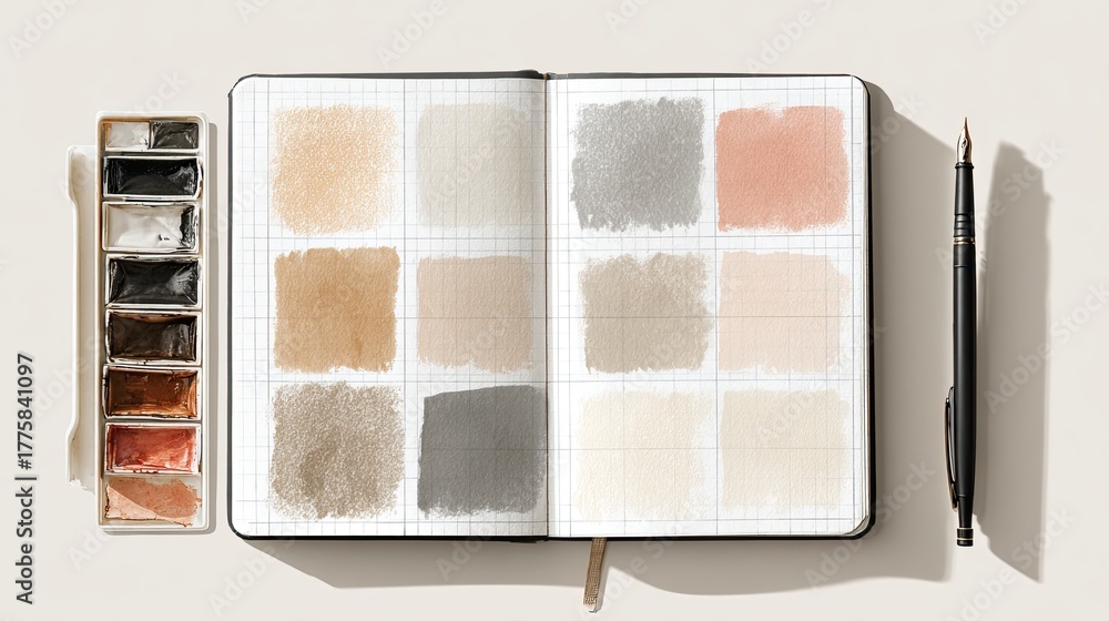 Fototapeta premium An open sketchbook displaying various watercolor swatches alongside a palette and a pen, showcasing a minimalist and artistic workspace.