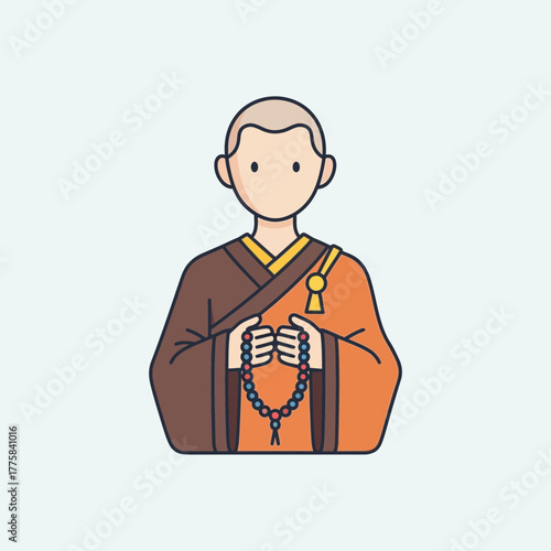 Cartoon illustration of a monk in traditional robes holding prayer beads.