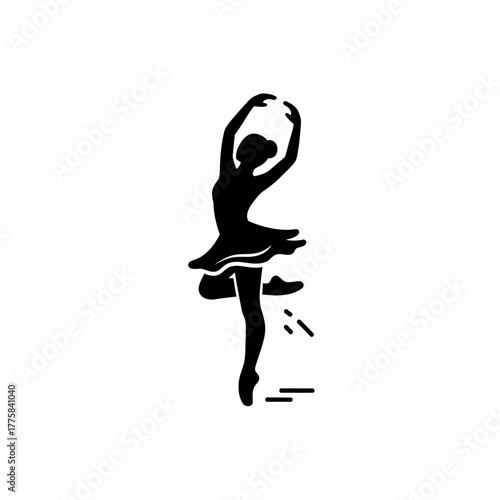 Silhouette of a ballerina in a tutu performing a dance move.