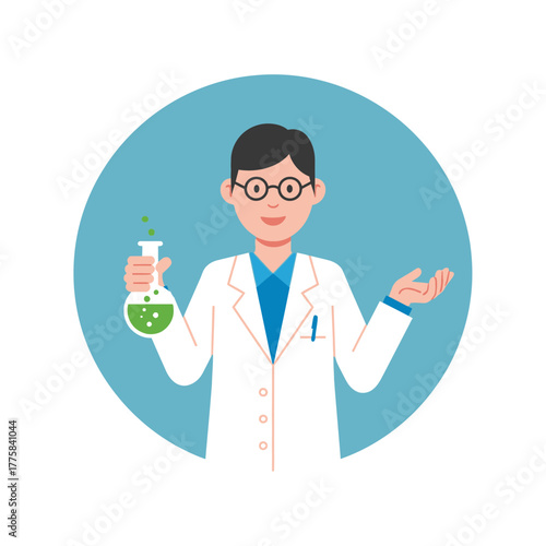 Cartoon scientist in lab coat holding flask with green liquid in circle.