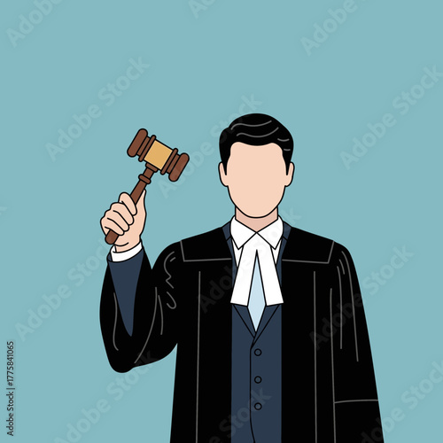 Person in judicial robe holding gavel against blue background.