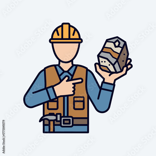 Construction worker wearing hard hat holding rock sample pointing with finger.