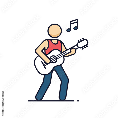 Person plays acoustic guitar with musical note icon vector illustration.